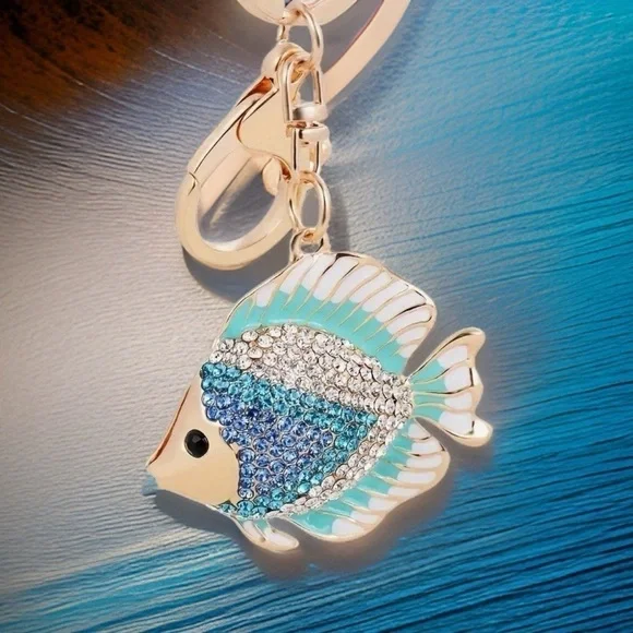Tropical Fish Rhinestone Blue Key Ring Bag Charm NEW - Picture 3 of 4